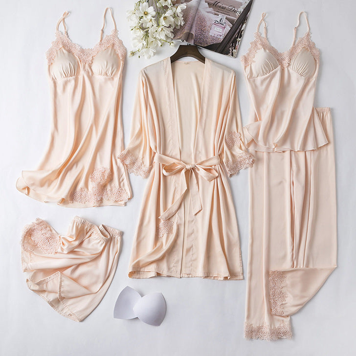 Ice Silk Sexy Slip Nightdress Silk Satin Nightgown With Chest Pad Five-piece Suit Homewear - Dana Fashion