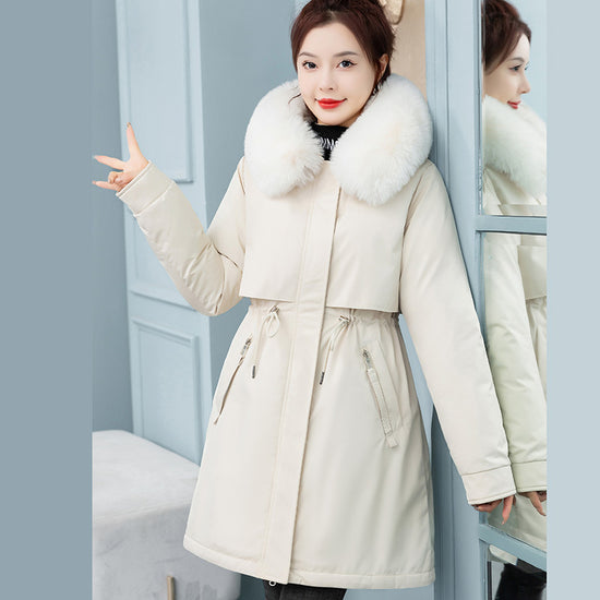 Women's Mid-length Loose Cotton Coat Fleece-lined Thickened Cinched Coat