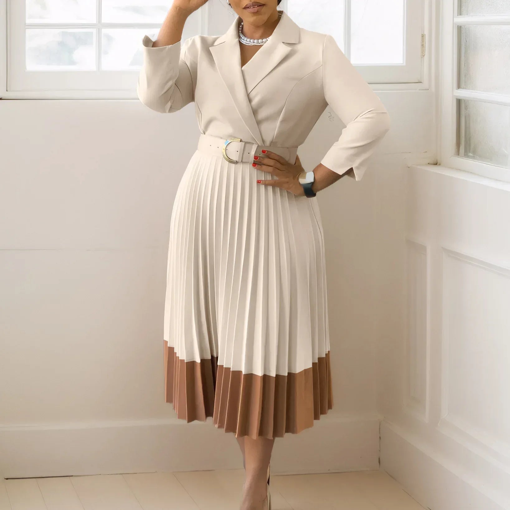 Suit Collar Fashion Elegant Pleated African Dress - DanaFashionstore