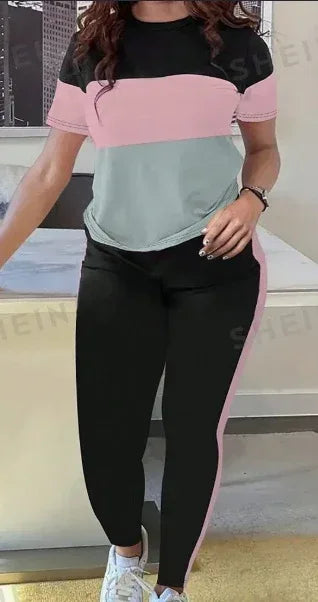 2pcs Summer Casual Women Short Sleeve Colorblock T-Shirt And Pants Set - DanaFashionstore
