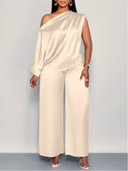 Spot 2026 European And American Cross-border Summer Casual Women's Satin Suit Slanted Collar Short-sleeved Top Trousers Set