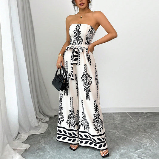 Women's Wide-leg Slim Fit Tied Printed Jumpsuit