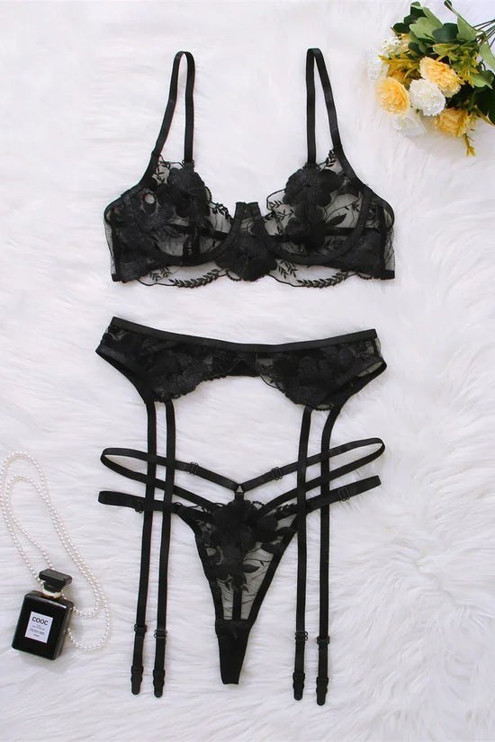 New Embroidered Sexy Lingerie Suit Three-piece Set With Steel Ring - DanaFashionstore