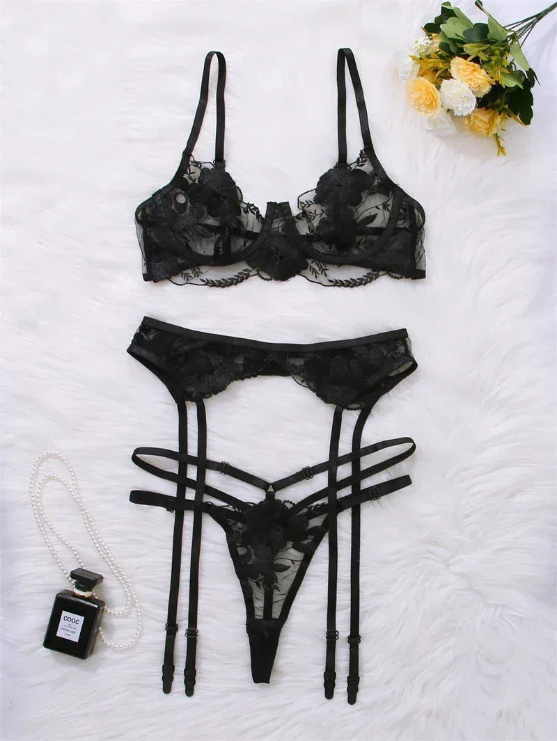 New Embroidered Sexy Lingerie Suit Three-piece Set With Steel Ring - DanaFashionstore