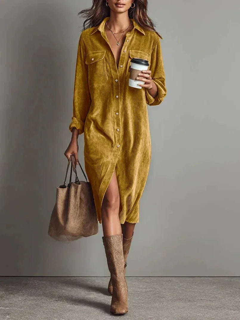 Turn-Down Collar Buttons Chic Casual Dress, Women Spring Autumn Solid Simple Party Dress, Long Sleeve Holiday Ladies Dress - DanaFashionstore