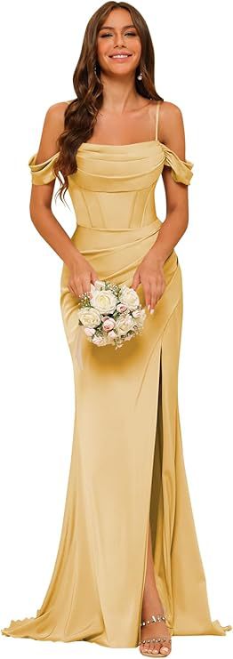 Off-the-shoulder Satin Bridesmaid Corset Ball Gown $138.96 Dana Fashion Color: Gold Size: US10 Women's clothing Product information: Color: Dusty Rose, royal blue, navy blue, orange, emerald green, pink, olive green, black, red, gray, burnt orange, gold,