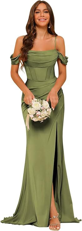 Off-the-shoulder Satin Bridesmaid Corset Ball Gown $138.96 Dana Fashion Color: Olive Green Size: US10 Women's clothing Product information: Color: Dusty Rose, royal blue, navy blue, orange, emerald green, pink, olive green, black, red, gray, burnt orange,