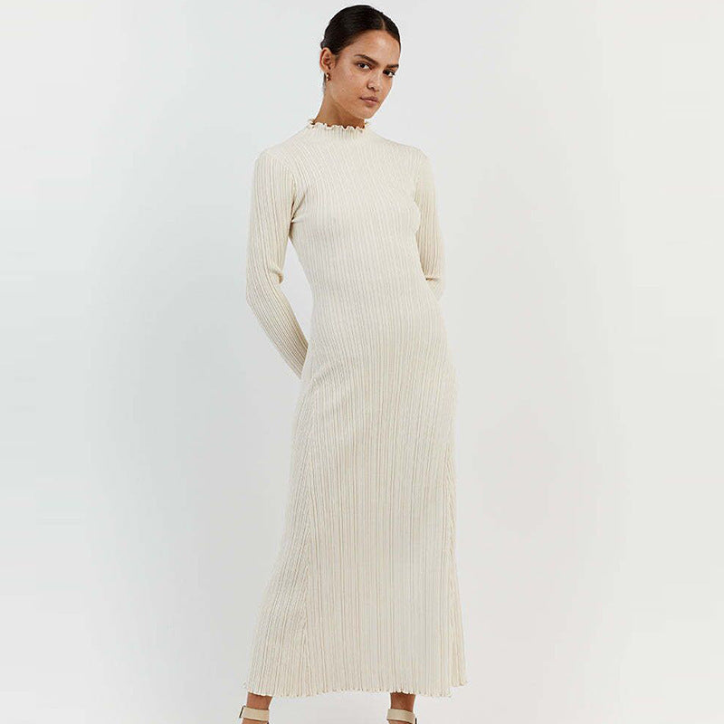 Long Sleeve Knitted Wooden Ear Turtleneck Waist-controlled Slim Fit Slimming Dress - Dana Fashion