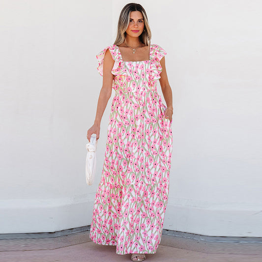 Women's Casual All-match Floral High Waist Square Collar Dress - Dana Fashion