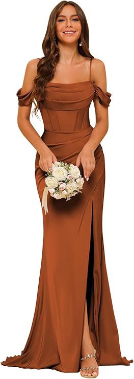 Off-the-shoulder Satin Bridesmaid Corset Ball Gown $138.96 Dana Fashion Color: Burnt Orange Size: US10 Women's clothing Product information: Color: Dusty Rose, royal blue, navy blue, orange, emerald green, pink, olive green, black, red, gray, burnt orange