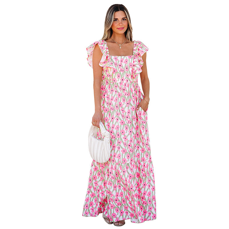 Women's Casual All-match Floral High Waist Square Collar Dress - Dana Fashion