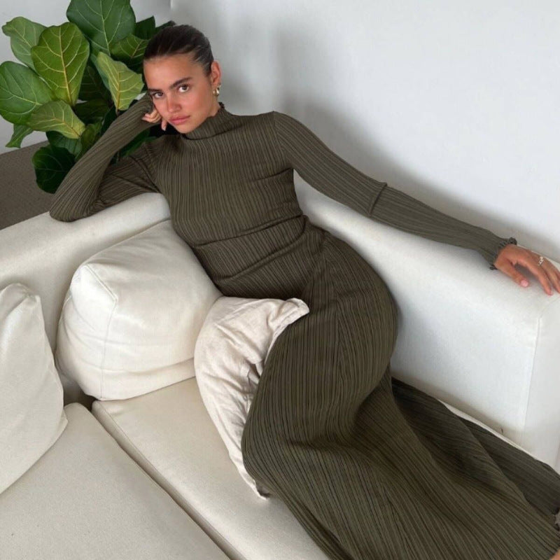 Long Sleeve Knitted Wooden Ear Turtleneck Waist-controlled Slim Fit Slimming Dress - Dana Fashion