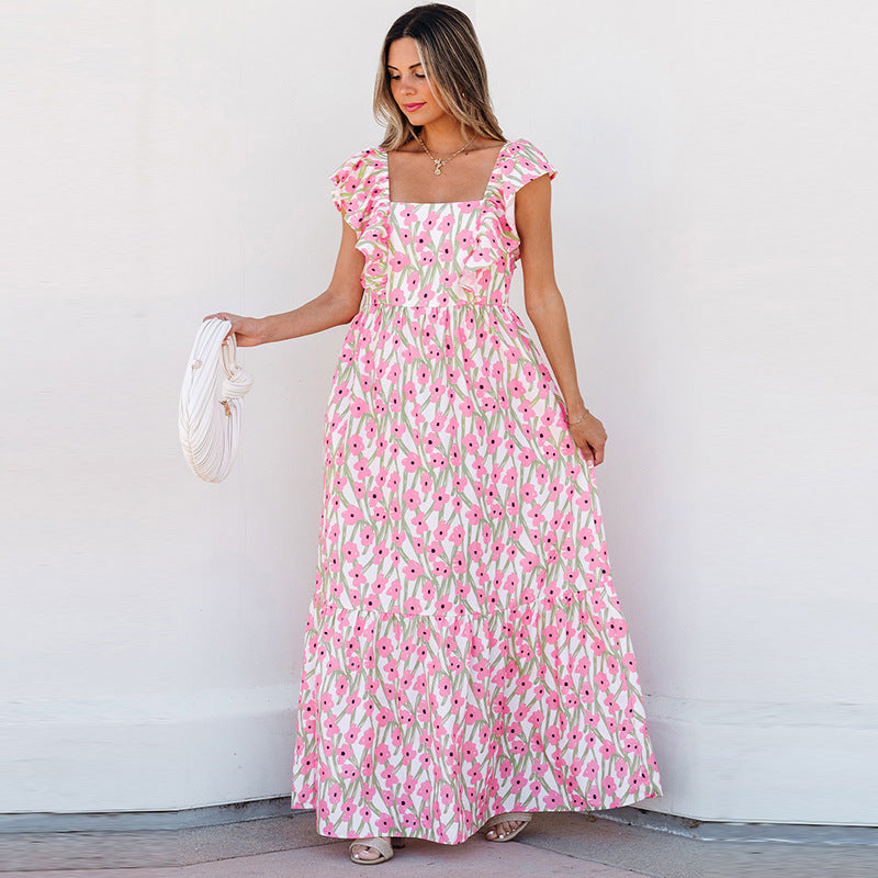 Women's Casual All-match Floral High Waist Square Collar Dress - Dana Fashion