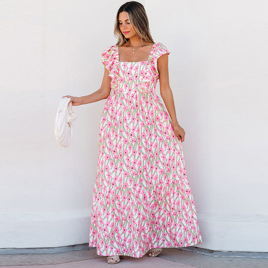 Women's Casual All-match Floral High Waist Square Collar Dress - Dana Fashion