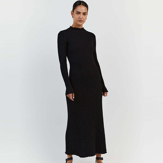 Long Sleeve Knitted Wooden Ear Turtleneck Waist-controlled Slim Fit Slimming Dress - Dana Fashion