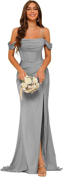 Off-the-shoulder Satin Bridesmaid Corset Ball Gown $138.96 Dana Fashion Color: Gray Size: US10 Women's clothing Product information: Color: Dusty Rose, royal blue, navy blue, orange, emerald green, pink, olive green, black, red, gray, burnt orange, gold,