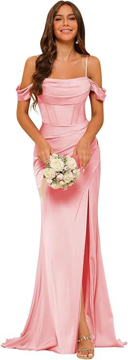 Off-the-shoulder Satin Bridesmaid Corset Ball Gown $138.96 Dana Fashion Color: Pink Size: US10 Women's clothing Product information: Color: Dusty Rose, royal blue, navy blue, orange, emerald green, pink, olive green, black, red, gray, burnt orange, gold,