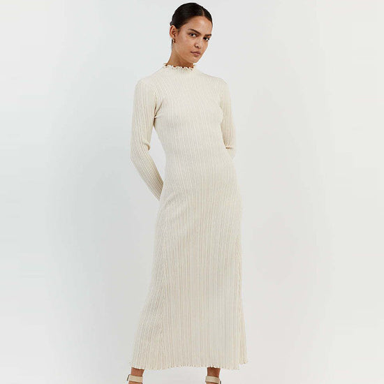 Long Sleeve Knitted Wooden Ear Turtleneck Waist-controlled Slim Fit Slimming Dress - Dana Fashion
