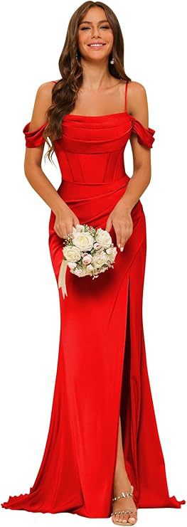 Off-the-shoulder Satin Bridesmaid Corset Ball Gown $138.96 Dana Fashion Color: Red Size: US10 Women's clothing Product information: Color: Dusty Rose, royal blue, navy blue, orange, emerald green, pink, olive green, black, red, gray, burnt orange, gold, r