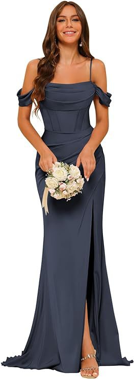 Off-the-shoulder Satin Bridesmaid Corset Ball Gown $138.96 Dana Fashion Color: Navy Blue Size: US10 Women's clothing Product information: Color: Dusty Rose, royal blue, navy blue, orange, emerald green, pink, olive green, black, red, gray, burnt orange, g