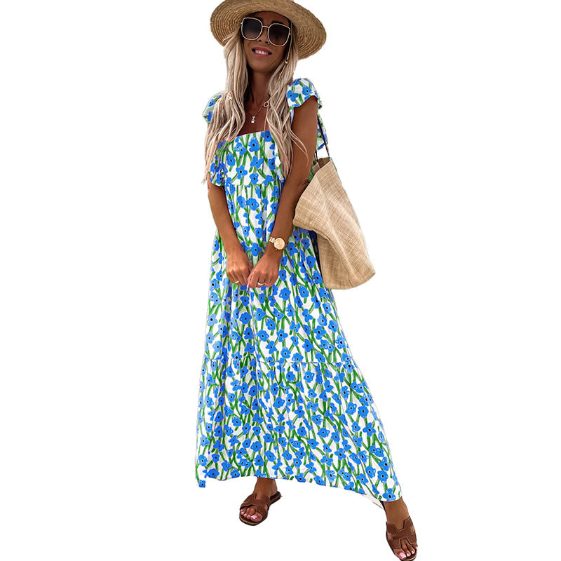 Women's Casual All-match Floral High Waist Square Collar Dress - Dana Fashion