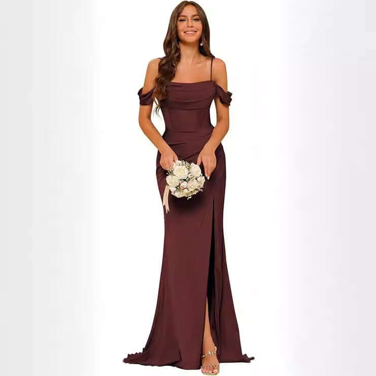 Off-the-shoulder Satin Bridesmaid Corset Ball Gown $138.96 Dana Fashion Color: Black Size: US10 Women's clothing Product information: Color: Dusty Rose, royal blue, navy blue, orange, emerald green, pink, olive green, black, red, gray, burnt orange, gold,