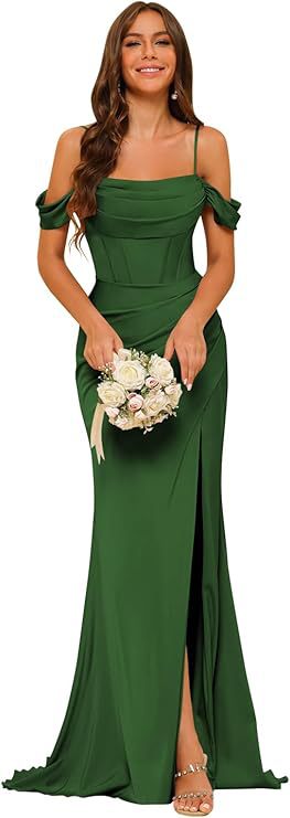 Off-the-shoulder Satin Bridesmaid Corset Ball Gown $138.96 Dana Fashion Color: Emerald Green Size: US10 Women's clothing Product information: Color: Dusty Rose, royal blue, navy blue, orange, emerald green, pink, olive green, black, red, gray, burnt orang