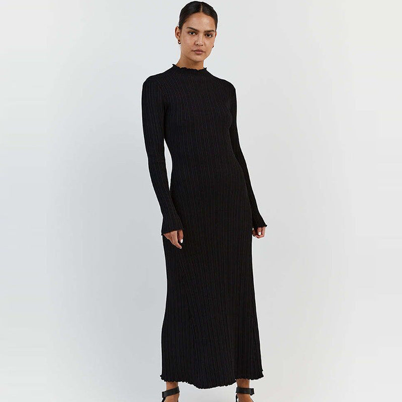 Long Sleeve Knitted Wooden Ear Turtleneck Waist-controlled Slim Fit Slimming Dress - Dana Fashion