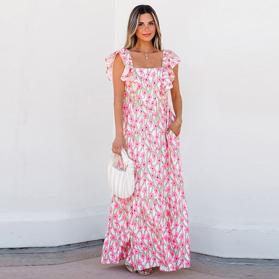 Women's Casual All-match Floral High Waist Square Collar Dress - Dana Fashion