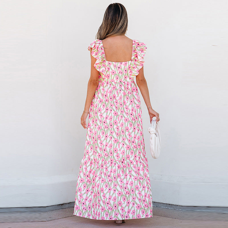 Women's Casual All-match Floral High Waist Square Collar Dress - Dana Fashion