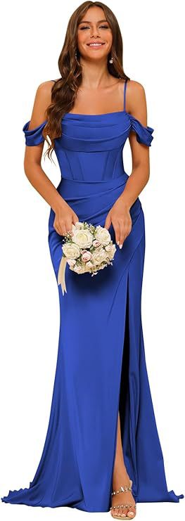 Off-the-shoulder Satin Bridesmaid Corset Ball Gown $138.96 Dana Fashion Color: Sapphire Blue Size: US10 Women's clothing Product information: Color: Dusty Rose, royal blue, navy blue, orange, emerald green, pink, olive green, black, red, gray, burnt orang