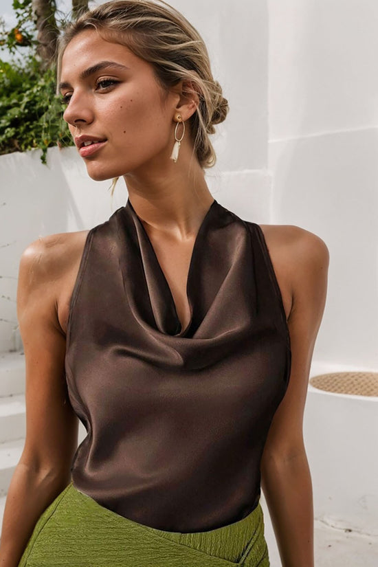 Women Solid Color Swing Collar Sleeveless Vest Trendy Elegant Shirt With Halter Neckline Backless Short Sleeve Tops Tshirts