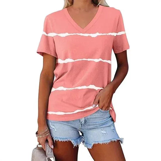 Casual Top Fashion Trend Stripes Short Sleeve Women V-neck - DanaFashionstore