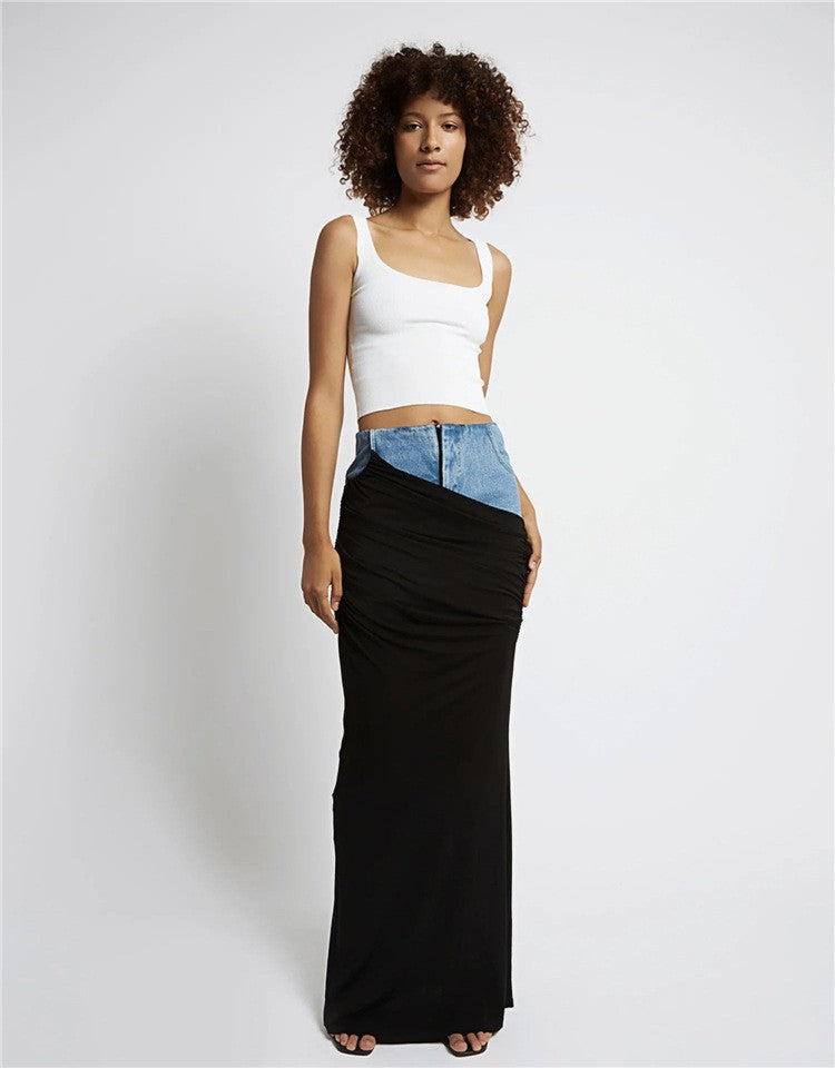 Fashion Black Panel Denim Skirt