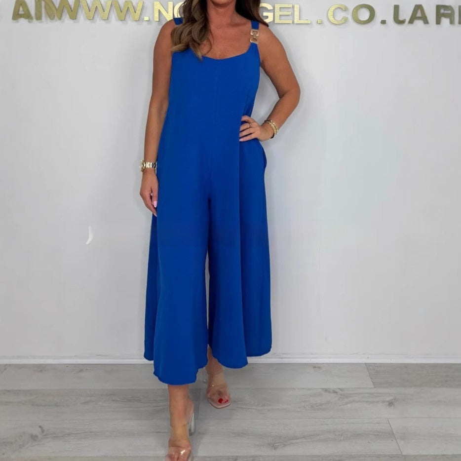Solid Color Casual Sling Wide Leg Jumpsuit