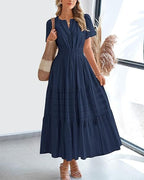 Fashion V-neck Pleated Puff Sleeve Layered Large Swing Dress
