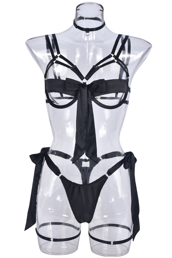 Satin Sexy Dew Leg Ring Strap Sexy Lingerie 4-piece Set