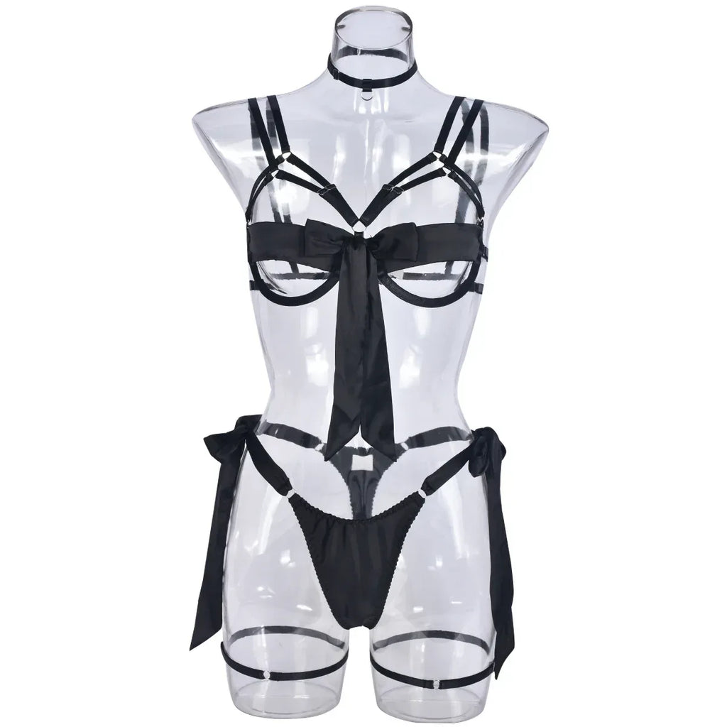 Satin Sexy Leg Ring Strap Lingerie 2026 - 4-Piece Intimate Set - DanaFashionstore
