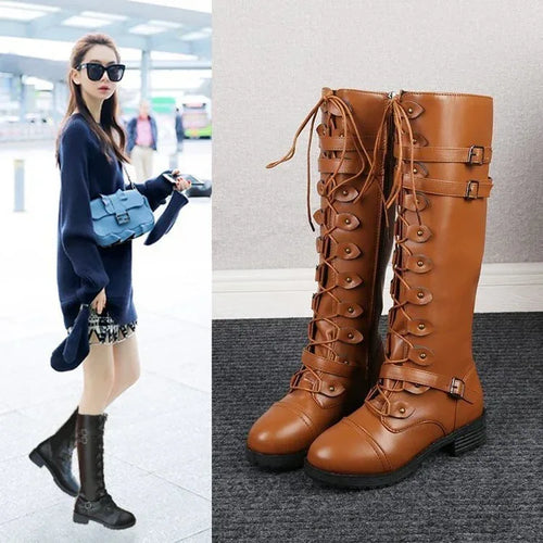 Explosive Style Round Toe Mid-heel Lace-up Over-the-knee Boots - DanaFashionstore
