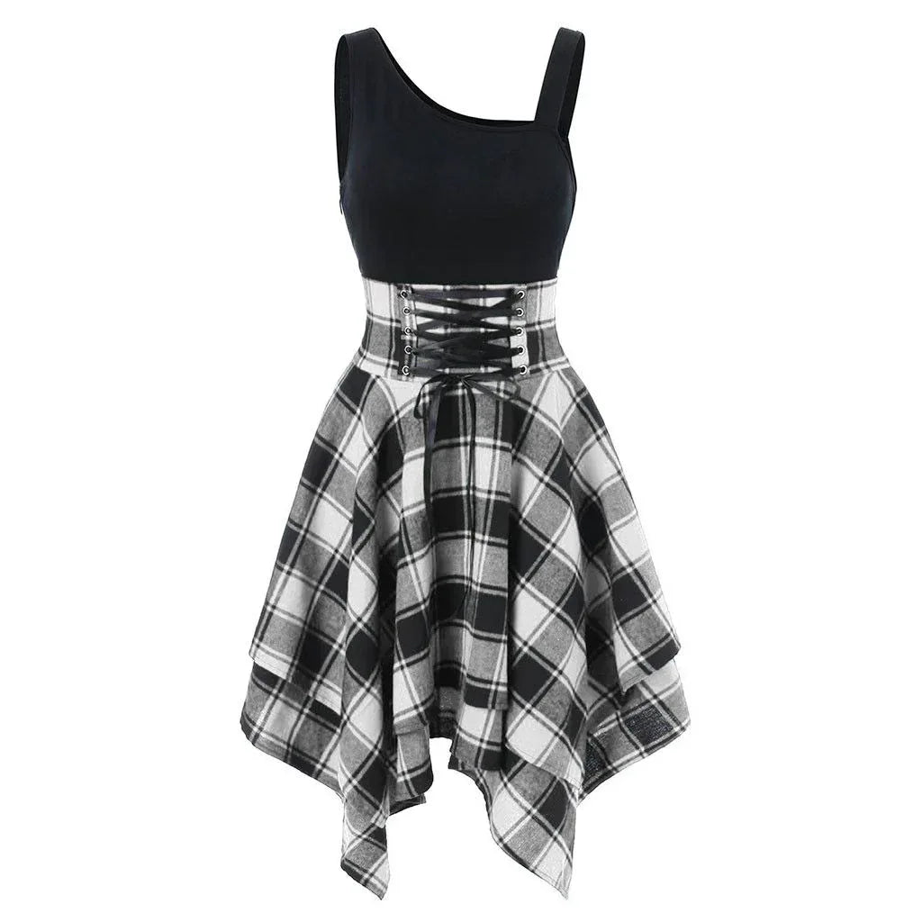 Fashion Plaid Suspender Elastic Waist Irregular Plaid Dress - DanaFashionstore