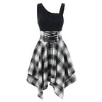 Fashion Plaid Suspender Elastic Waist Irregular Plaid Dress - DanaFashionstore