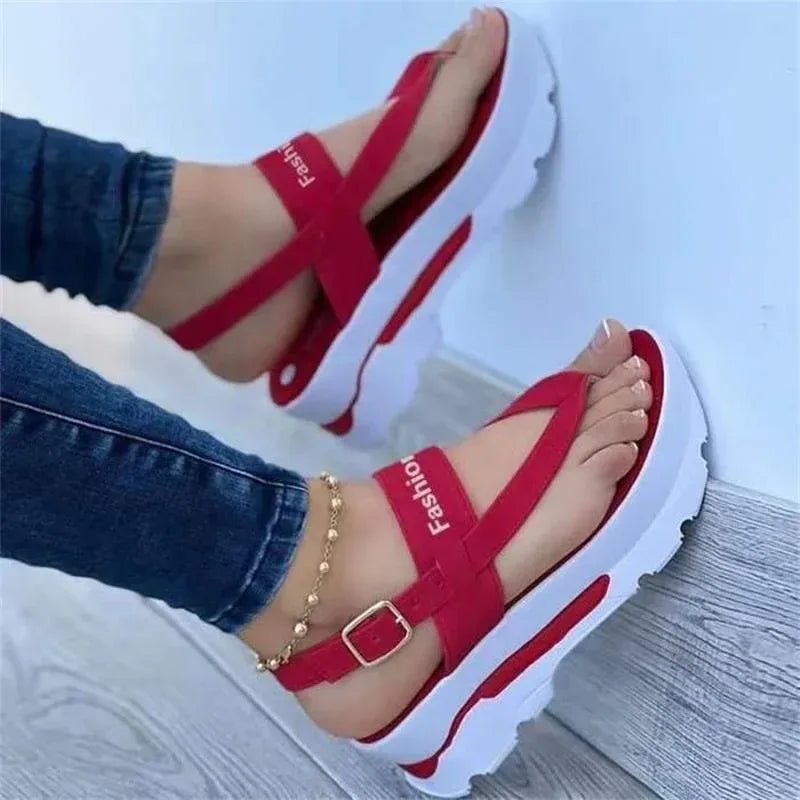 Ladies Thong Platform Heightened Solid Color Buckle Velcro Sandals - DanaFashionstore