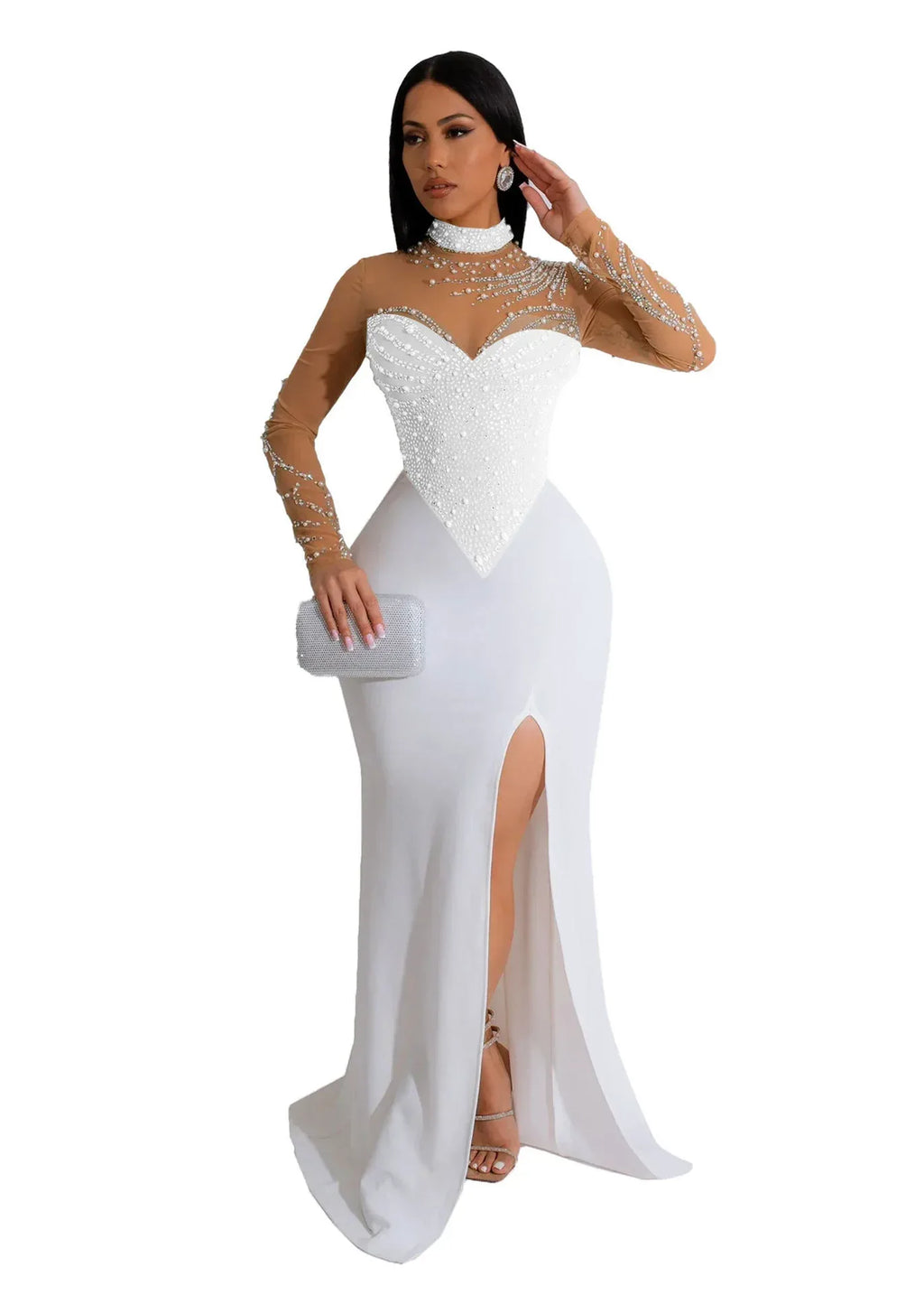 Rhinestone Pearl See-Through Dress 2026 - Waist-Tight Split Dress - DanaFashionstore