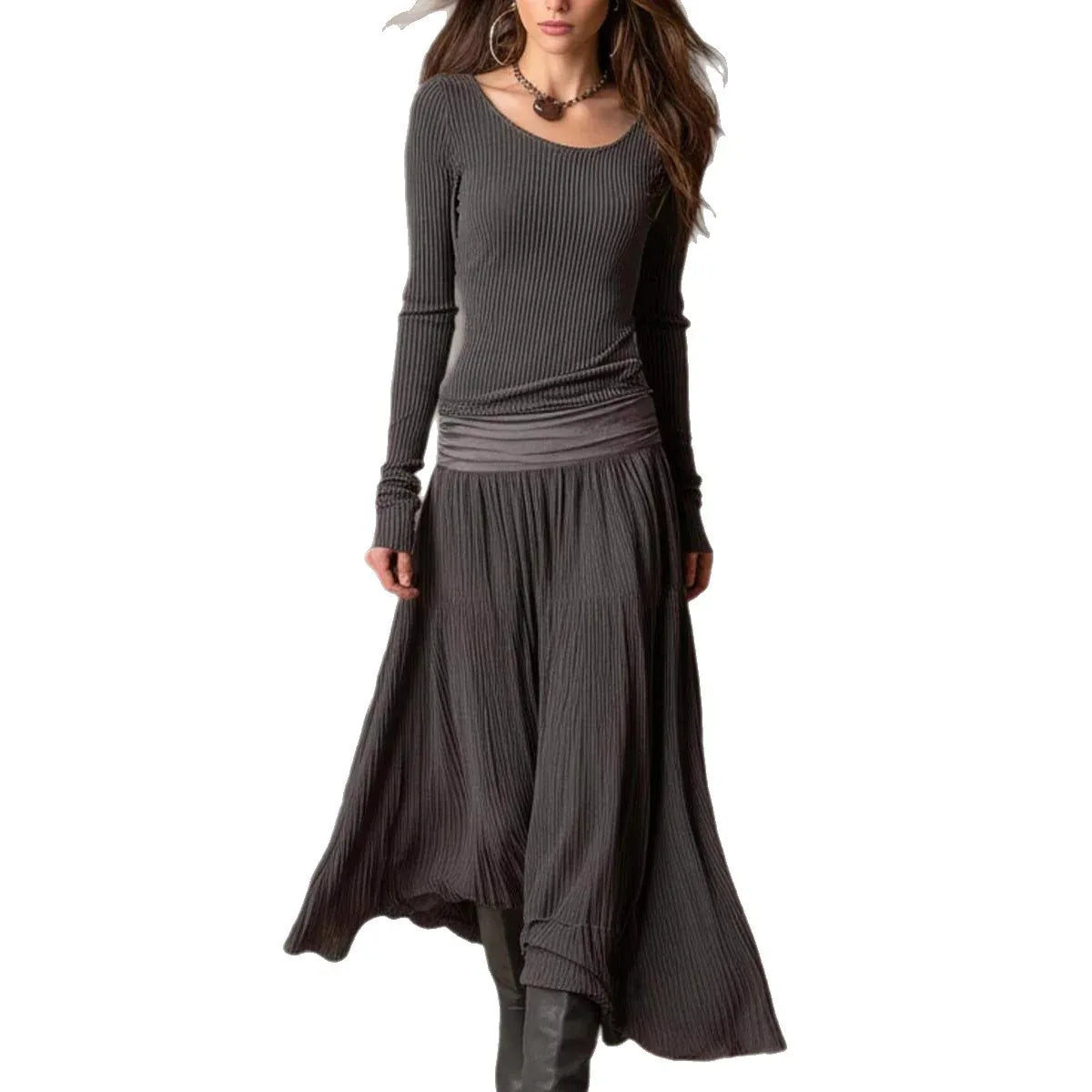 Retro Ribbed Long Dress Long Sleeve Round Neck A-line Skirt - DanaFashionstore