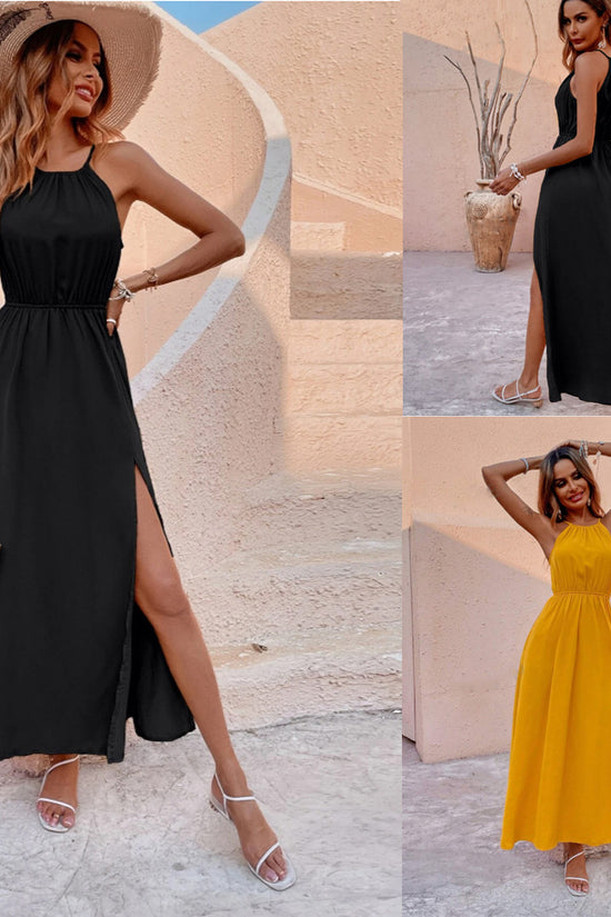Women Solid Color Slit Thigh Strap Dress