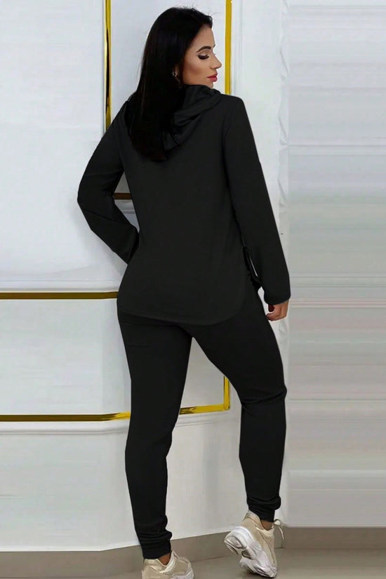 2pcs Set Women Solid Color Drawstring Hooded Long Sleeve Top And Pants Casual Suit