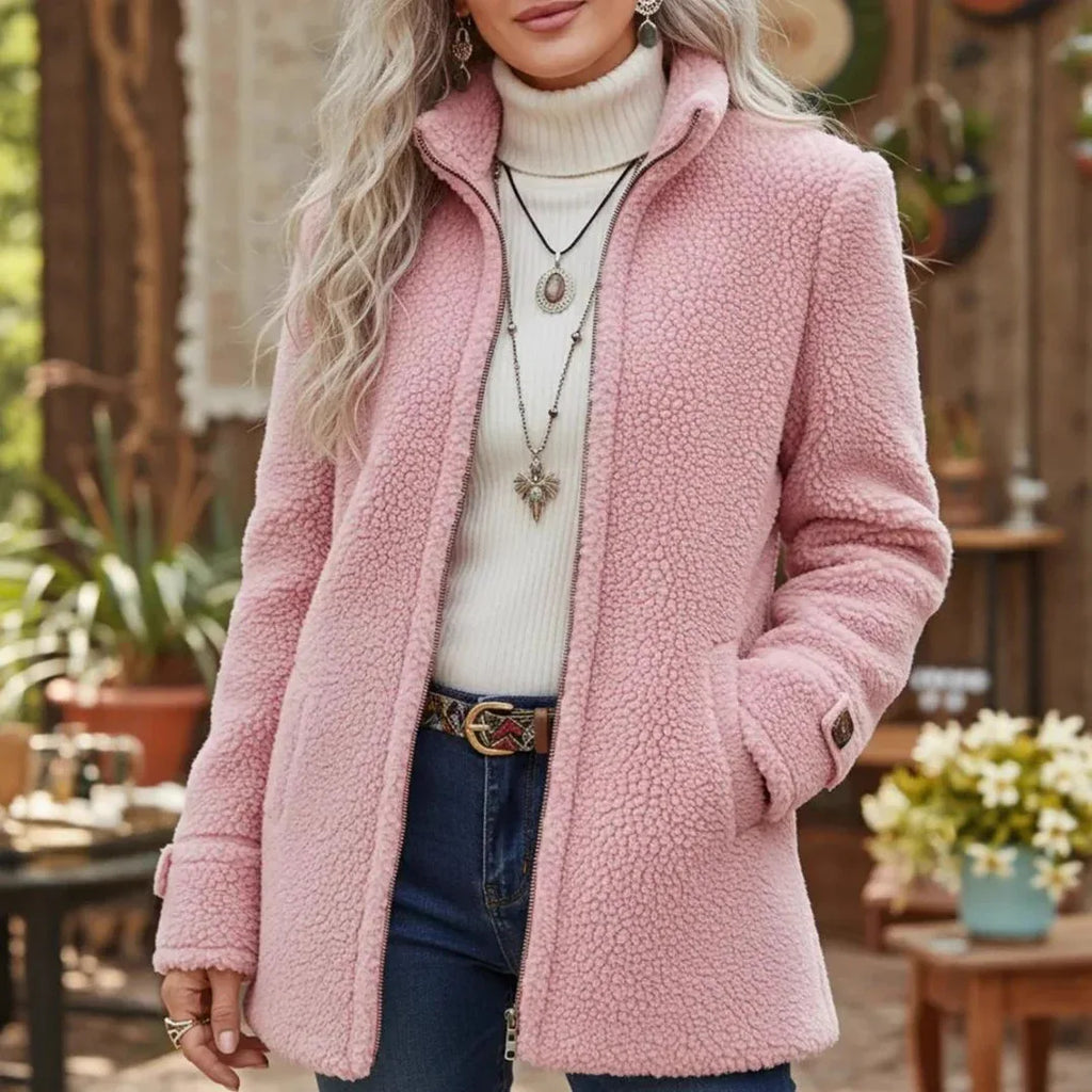 Womens Stand-Up Collar Solid-Color Loose Casual Long-Sleeve Fleece Zip-Up Jacket - DanaFashionstore