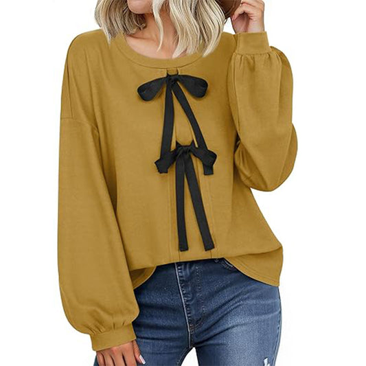 Women's Round Neck Front Lace-up Bow T Pullover Split Long Sleeve Shirt $39.00 Dana Fashion Color: Gray Size: L Women's clothing Product information: Pattern: solid color Color: green, pink, yellow, gray Size: S,M,L,XL Version: Loose Style type: temperame