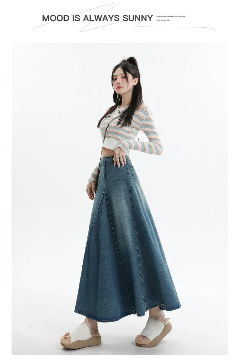 American Style Retro Big Swing Denim Spring New High Waist A- Line Slimming Mid-length Skirt - DanaFashionstore