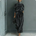 Casual Warm Velour Long-sleeved Solid Color High-neck Zipper Wide-leg Sportswear - DanaFashionstore